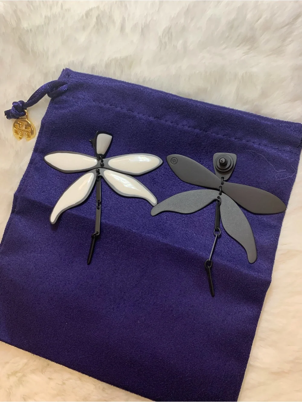 Tory Burch White and Black Dragonfly Drop Earrings